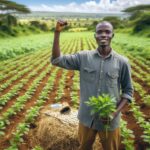 A young Kenyan farmer standing proudly in a field of crops, symbolizing growth and opportunity in agriculture.
