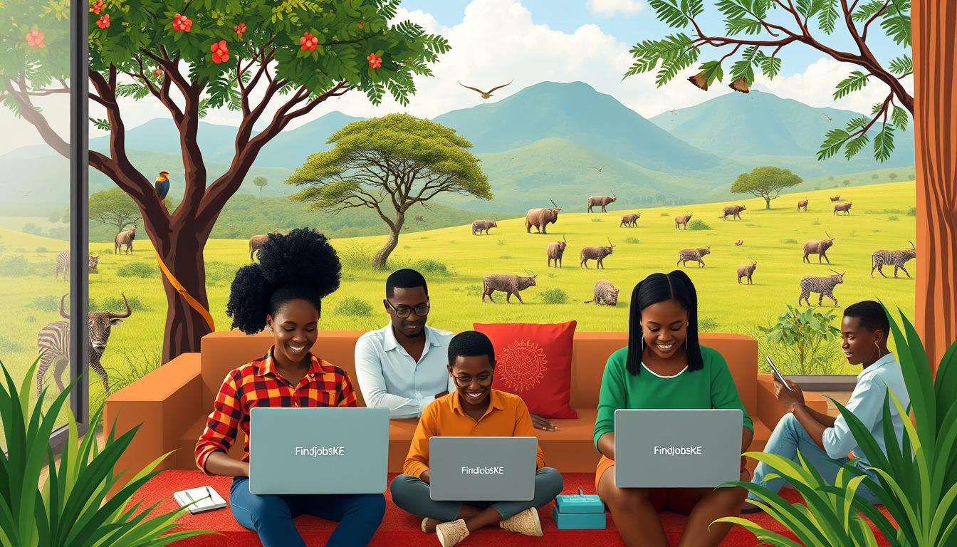A vibrant scene depicting a diverse group of professionals working remotely in various cozy settings across Kenya
