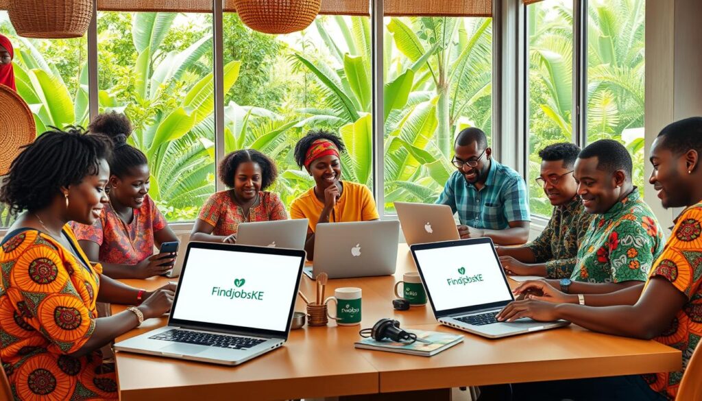 A vibrant digital workspace scene set in Kenya, featuring diverse individuals of various backgrounds engaging in remote work on laptops.