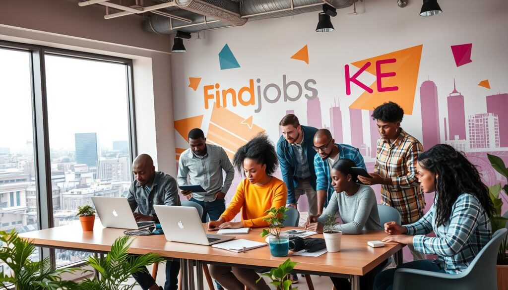 Dynamic scene of Kenyan entrepreneurs collaborating in a modern workspace, showcasing diverse individuals engaged in brainstorming and digital discussions, with laptops and innovative tech tools