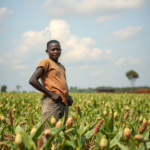 A young Kenyan farmer standing proudly in a field of crops, symbolizing growth and opportunity in agriculture