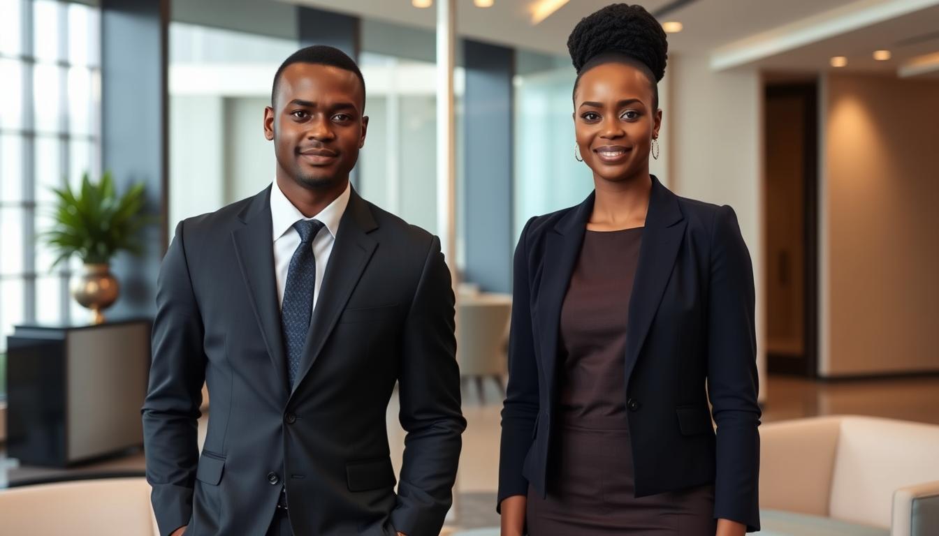 Business attire for a job interview in Kenya, showcasing a stylish Kenyan man in a tailored dark suit and a woman in a chic, professional dress, both standing confidently against an elegant office backdrop, soft lighting