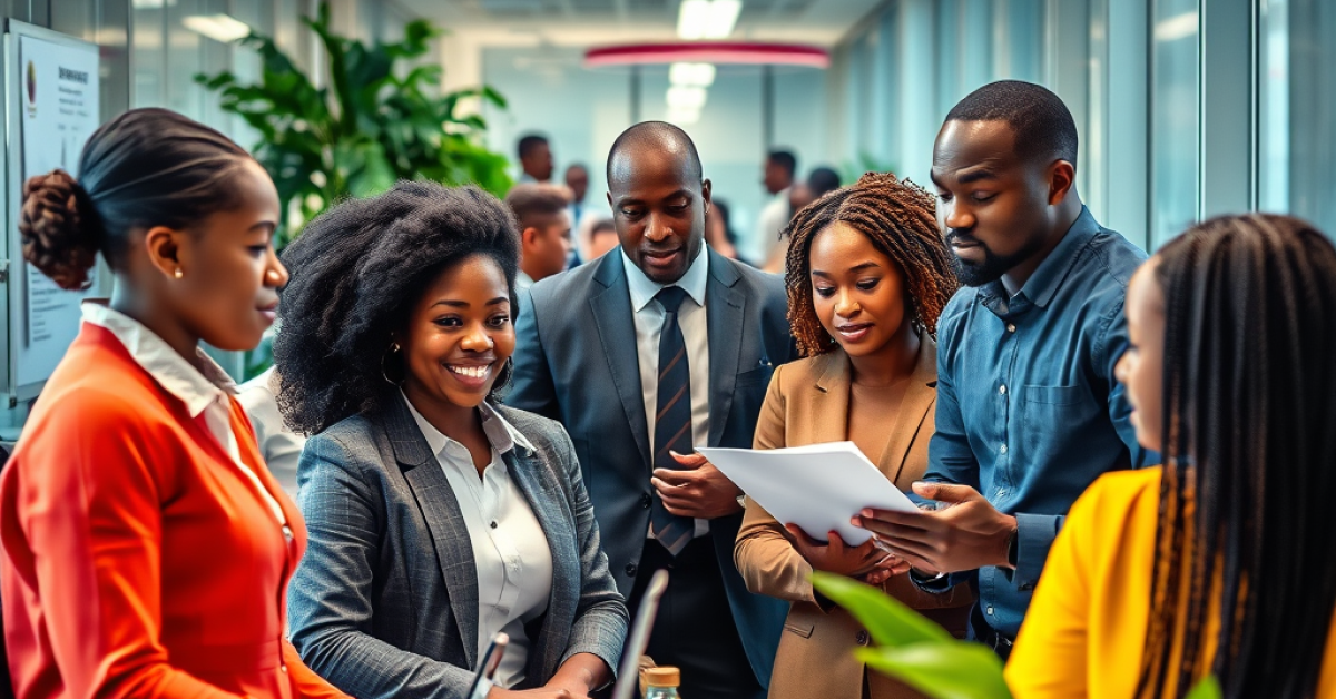 A vibrant office in Nairobi with diverse professionals collaborating, symbolizing jobs in Kenya