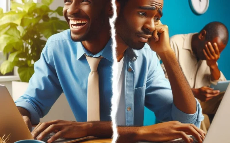 A split image showing the benefits and challenges of online work in Kenya: one side showing a happy freelancer working flexibly from home, and the other side showing a person struggling with poor internet connectivity.