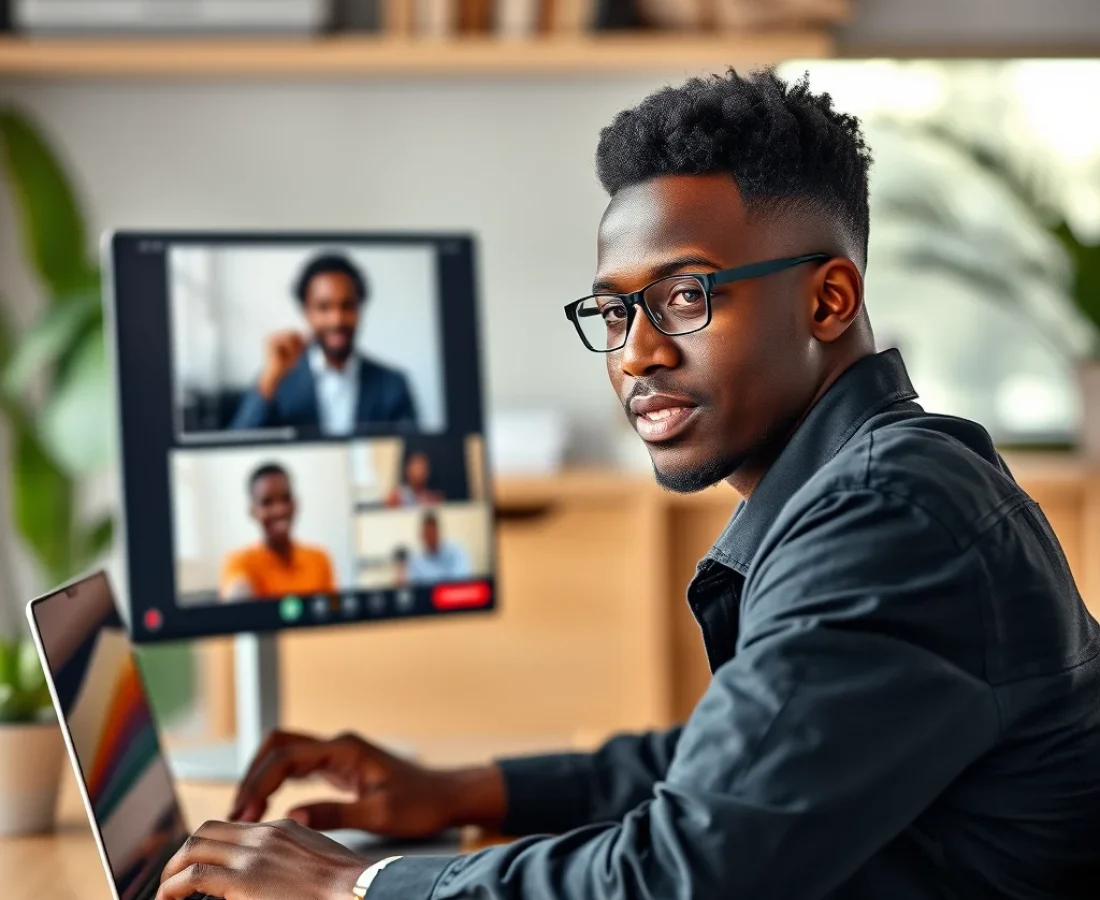 A Kenyan freelancer engaged in video calls with international clients via a freelancing platform like Upwork, highlighting the global opportunities of online freelancing.