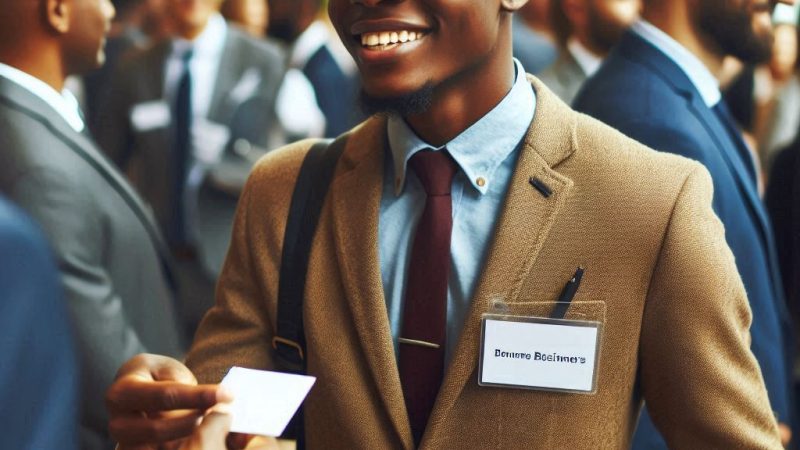 A Kenyan job seeker networking and exchanging business cards with professionals.