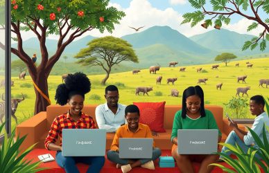A vibrant scene depicting a diverse group of professionals working remotely in various cozy settings across Kenya